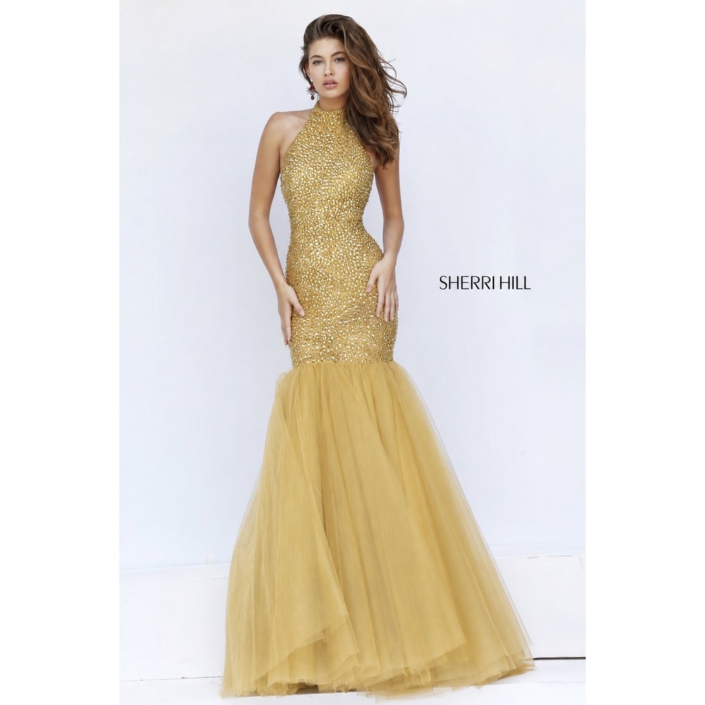 Sherri Hill 11323 Gold Beaded Halter Mermaid Gown Size 2 NWT